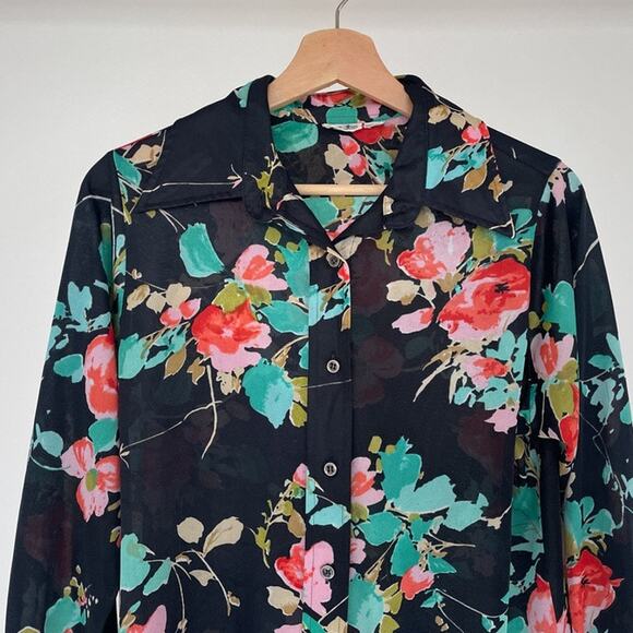 Vintage 1970's ROAMANS dark floral polyester dagger collar long sleeve blouse M - Picture 3 of 8